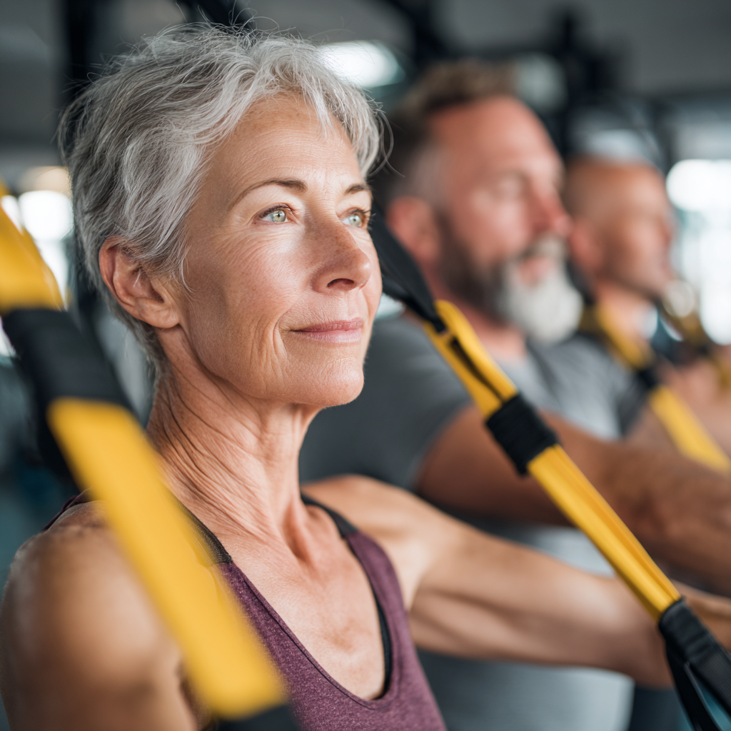 Mature adults engaged in functional fitness training with professional instructor guidance