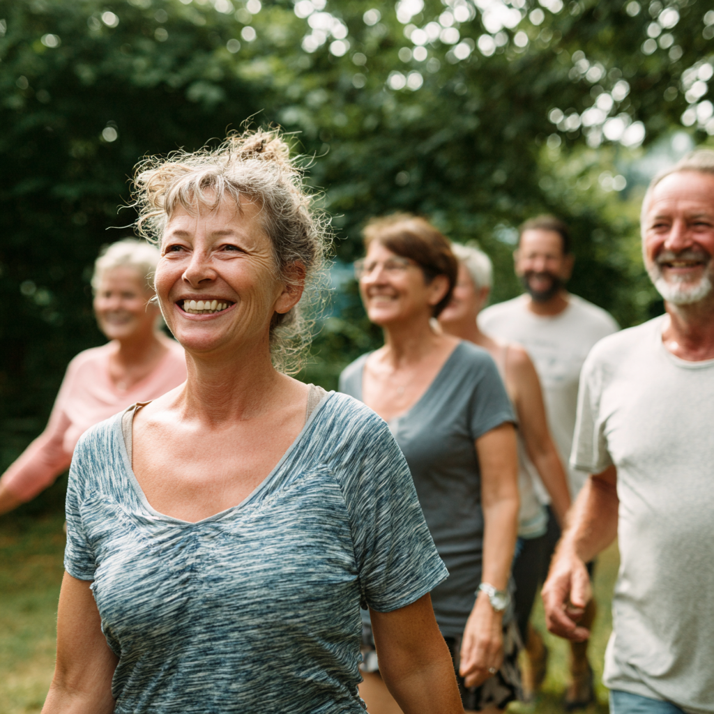 Middle-aged adults enjoying gentle movement exercises in natural outdoor setting